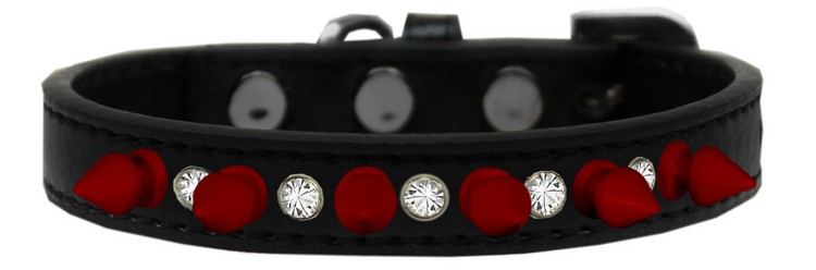 Crystal and Red Spikes Dog Collar Black Size 16